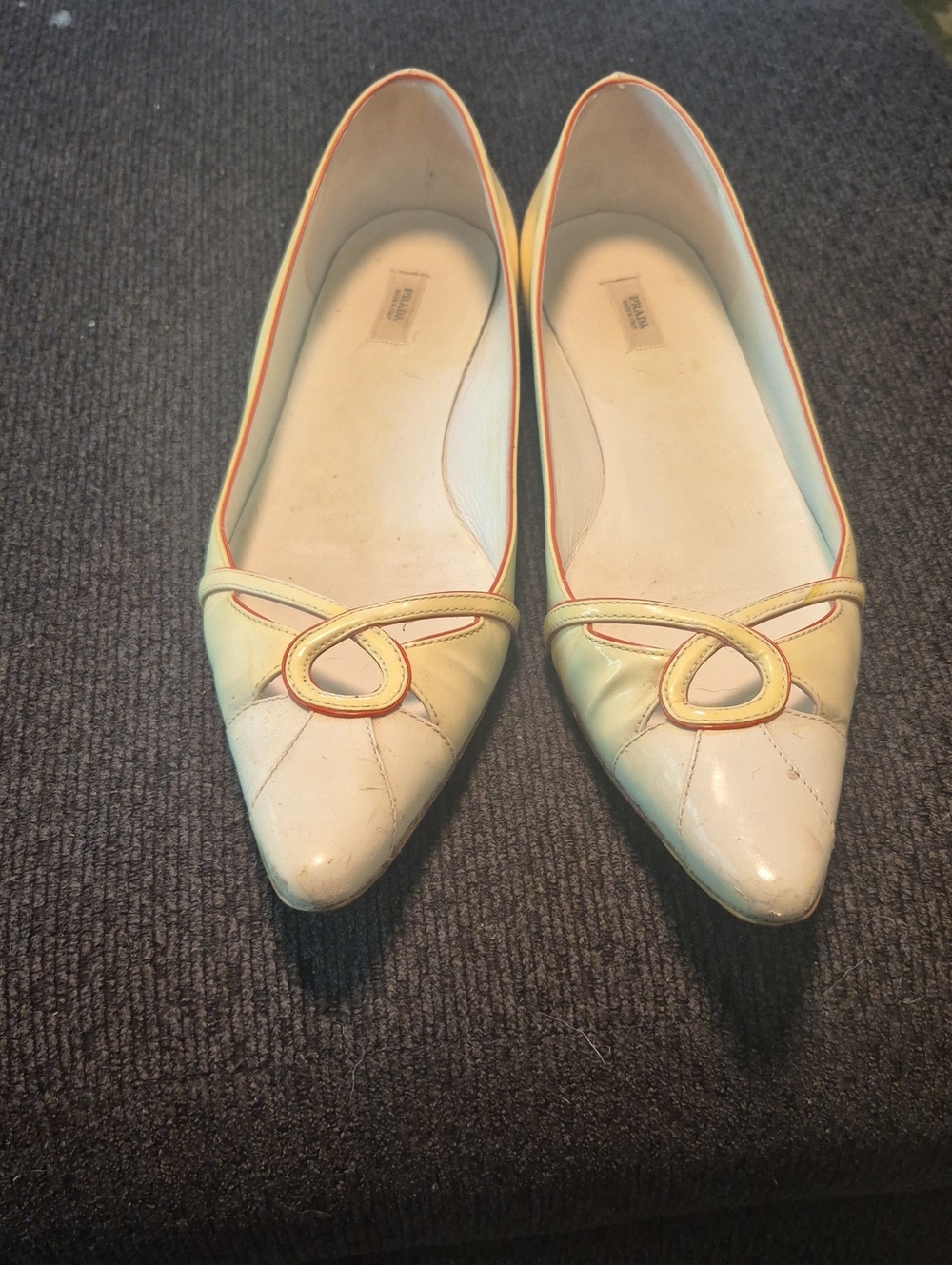 Prada Cream Pointed Ballet Flats with Yellow Trim